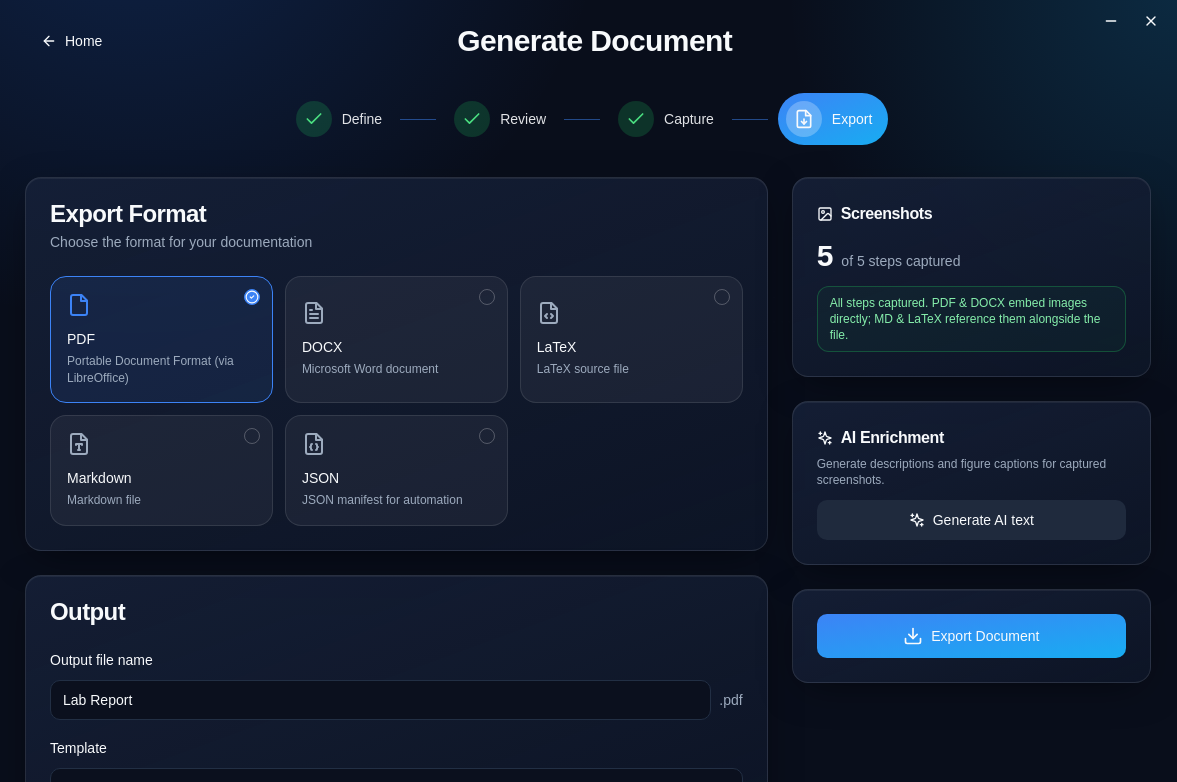 NullDraft document generation and export screen